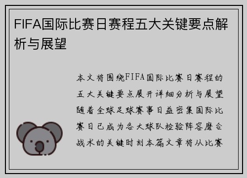FIFA国际比赛日赛程五大关键要点解析与展望